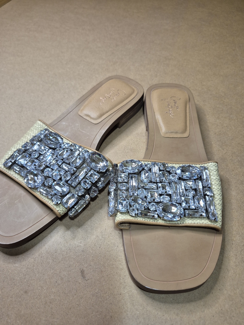 Crown Vintage Crystal-Embellished Beige Slide Sandals